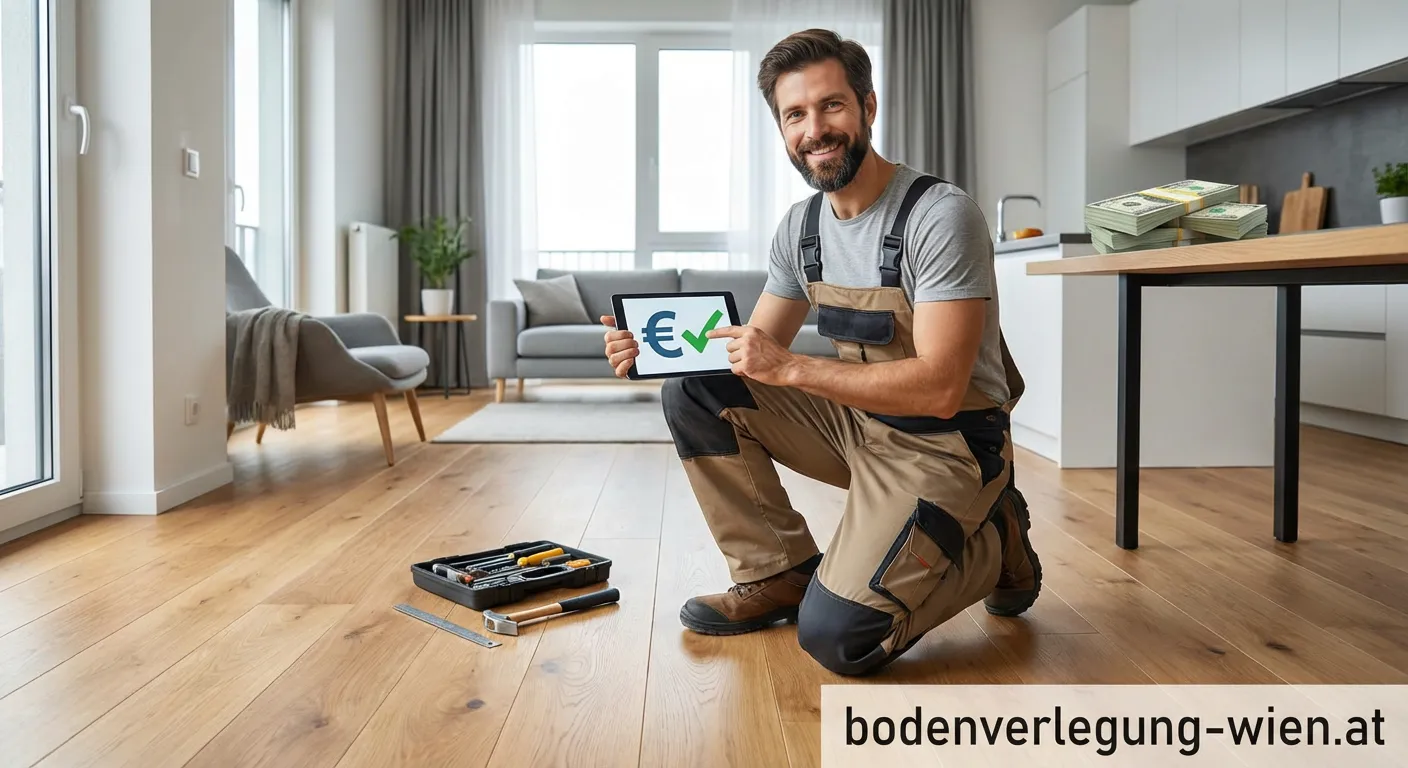 Handwerker verlegt Parkettboden und nutzt Handwerkerbonus Bodenleger