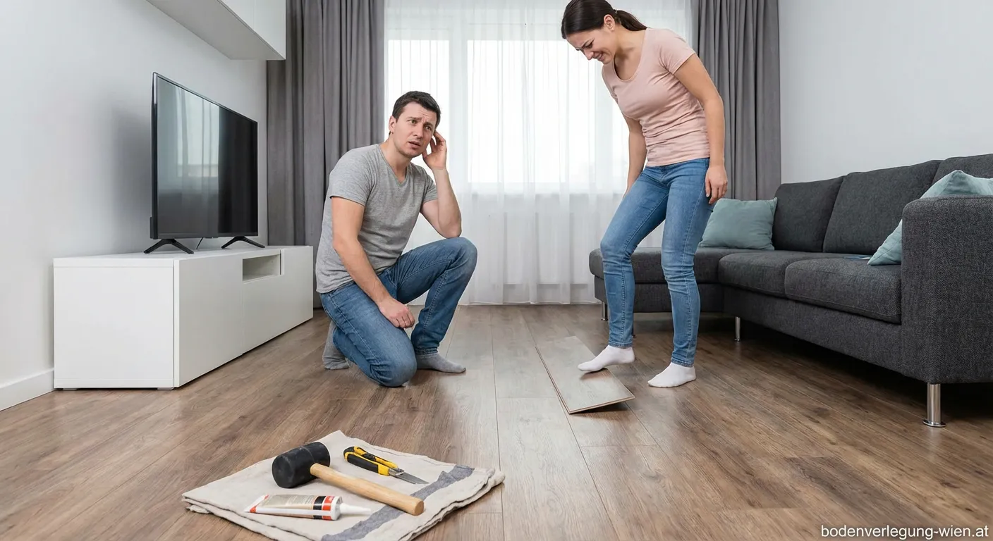 Mann prüft quietschenden Vinylboden mit Werkzeug